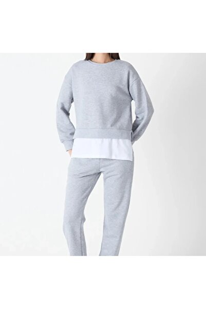 The Women's Basic Crew Neck Sweatshirt and Pants Tracksuit Set with Hem Detail - Black/Melange/Grey