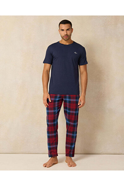 REDTAG Men Navy And Red Checkered Pyjama Set (2 Piece)