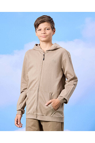 REDTAG Senior Boys Brown Zip Through Hooded Sweatshirt