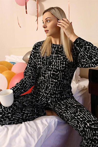 alfa expres Clothing Women's Long Sleeve 3 Thread Combed Cotton Pajama Set Black