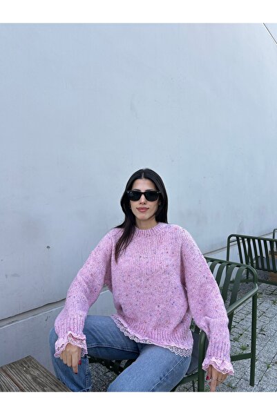 Puella Kzk0013 Women's Pastel Pink Lace Detailed Crew Neck Knit Sweater