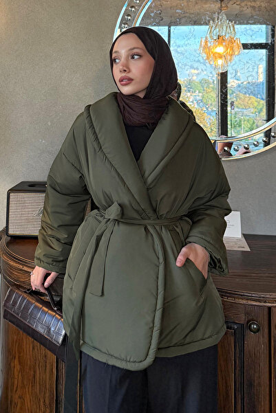 zhrcelebi Plain Belted Puffer Jacket 5912 - Dark Khaki