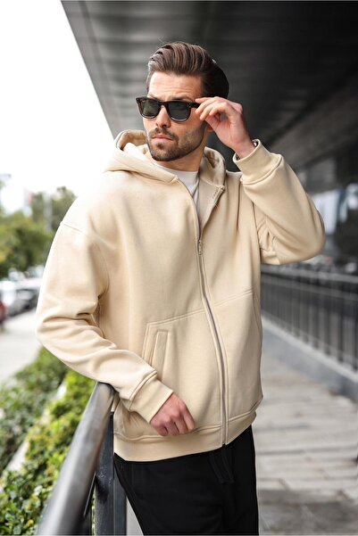 Madmext Beige Zippered Hooded Men's Cardigan E7174