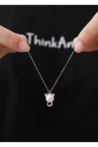 OEM Colier argint 925 cu perla cultura si zirconia – bijuterie fashion dama cu pandantiv pisica elegant