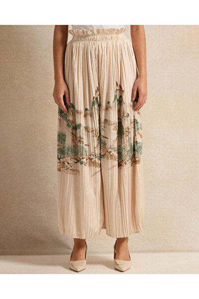 REDTAG Women Beige Pleated Printed Satin Trouser