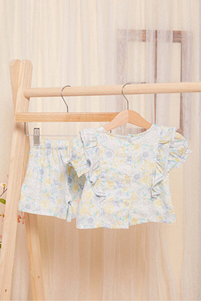 REDTAG Infant Girls Blue Floral Print Set (2 Piece)