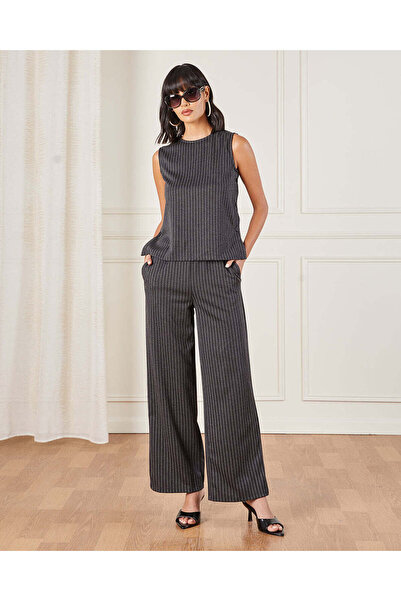 REDTAG Women Charcoal Striped Wide Leg Trousers