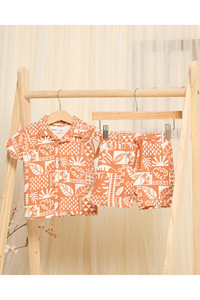 REDTAG Infant Boys Orange Printed Shirts And Short Set (2 Piece)