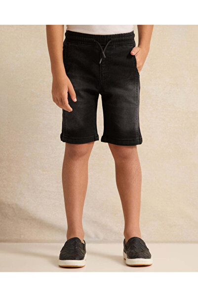 REDTAG Boys Black Knitted Denim Shorts