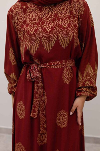 Tesettür Dünyası Φόρεμα από βισκόζη με σχέδιο πλακάκια TSD250237 Βουργουνδία