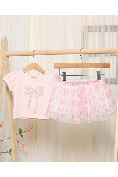REDTAG طقم بلوزة وتنورة وردية اللون مع فيونكة للبنات الرضع (قطعتين)