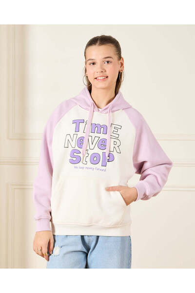 REDTAG Senior Girls White And Purple Oversize Hooded Sweatshirt