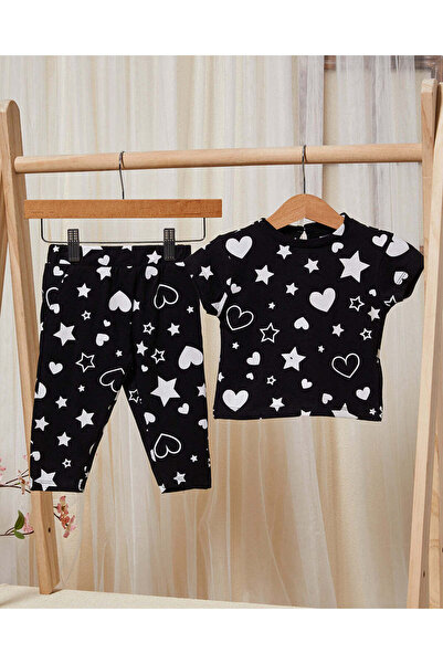 REDTAG Infant Girls Black Hearts Print Pyjama Set (2 Piece)