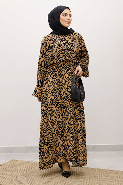 Tesettür Dünyası Φόρεμα με ελαστική μέση με μανίκια νυχτερίδας από βισκόζη TSD250235 Μαύρο