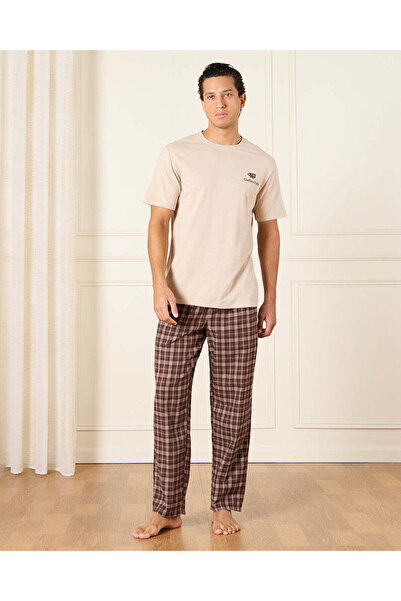 REDTAG Men Beige And Brown Pyjama Set (2 Piece)