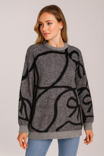 Minora Minoralady Ribbon Stripe Pattern Oversized Bearded Soft Textured Knitwear