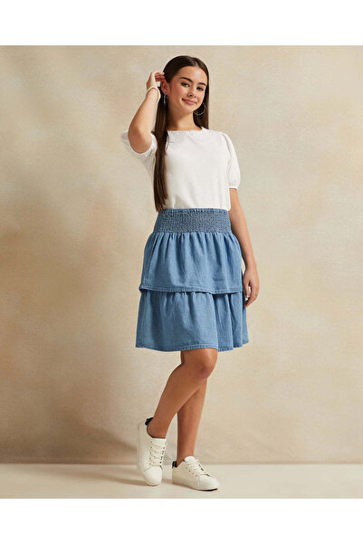 REDTAG Senior Girls Blue Denim Tiered Skirt