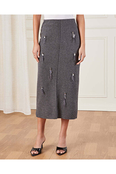 REDTAG Women Grey Embellished Detailed Knitted Midi Skirt