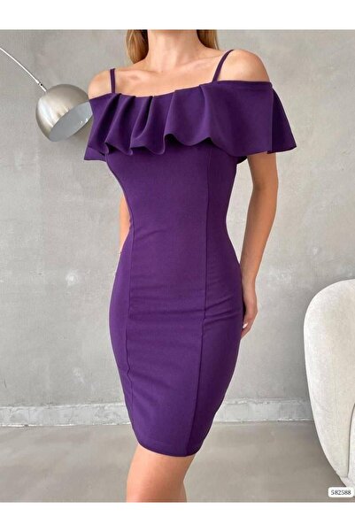 Modafeminen Thin Straps Madonna Neckline Ruffled Flounce Arizona Evening Dress 582588 Purple