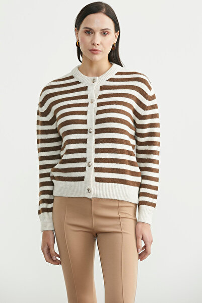 Sementa Striped Metal Button Knit Cardigan - Brown