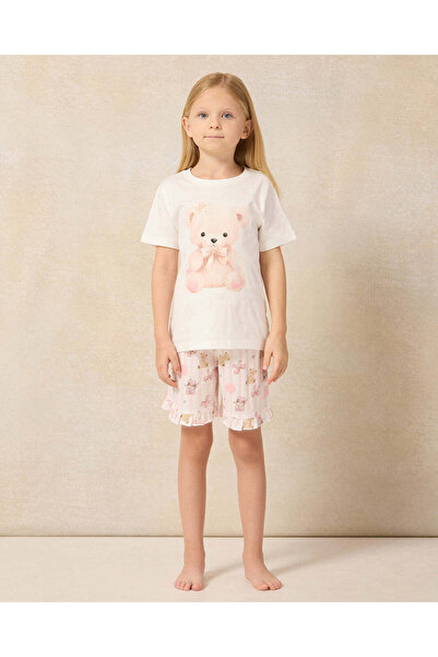 REDTAG طقم بيجامة مطبوع عليه دب تيدي أبيض للبنات (قطعتين)