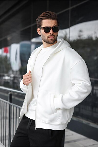 Madmext Ecru Zippered Hooded Men's Cardigan E7174