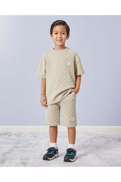 REDTAG Boys Beige Jacquard T-Shirt With Shorts Set (2 Piece)
