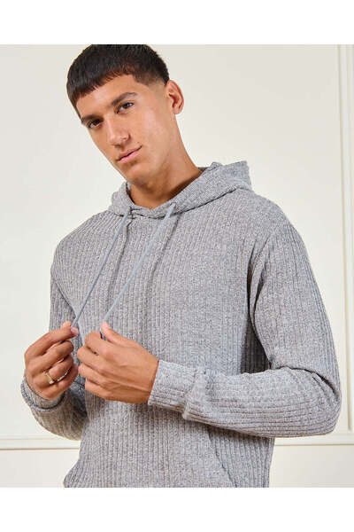 REDTAG Men Grey Jacquard Hooded Pullover