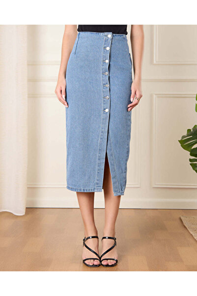 REDTAG Women Blue Button Down Wrap Denim Skirt