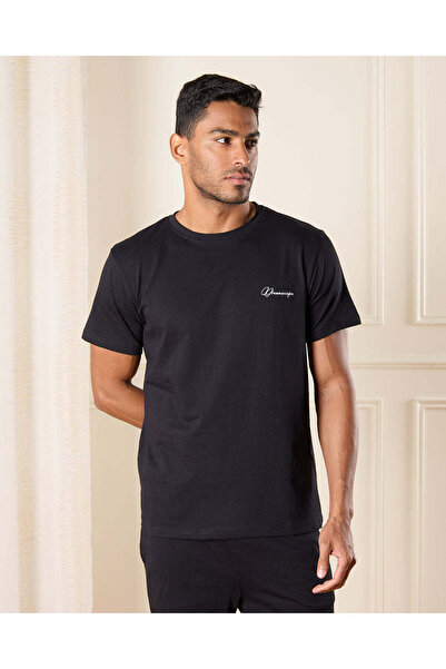 REDTAG Men Plain Black T-Shirt With Short Pyjama Set (2 Piece)