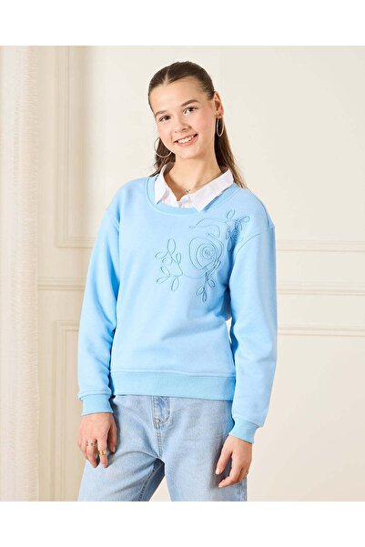 REDTAG Senior Girls Blue Embellished Twofer Sweatshirt