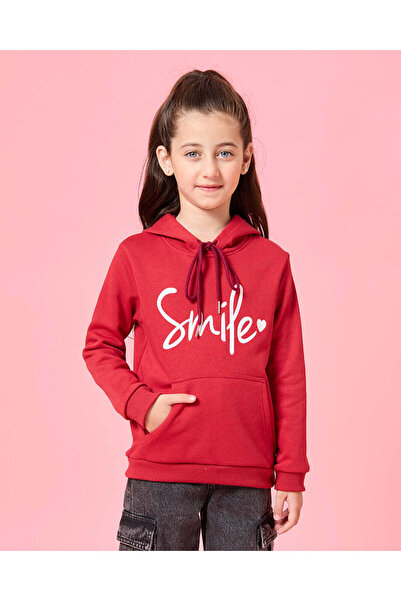 REDTAG Girls Red Printed Hooded Sweatshirt