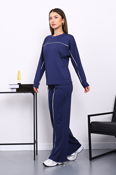 İmajButik Navy Blue Piped Detail Sweat Pants Set