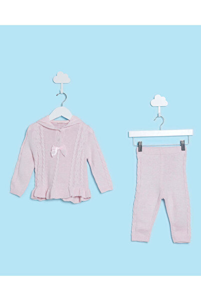 REDTAG Infant Girls Pink Hooded Knitted Set (2 Piece)