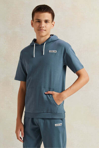 REDTAG Senior Boys Blue Hooded Sweatshirt
