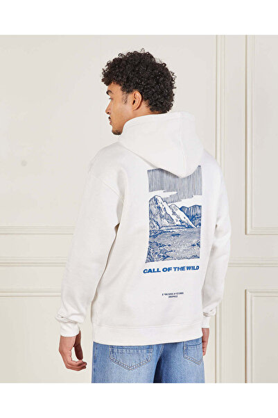 REDTAG Men Ivory Front & Back Print Hoodie