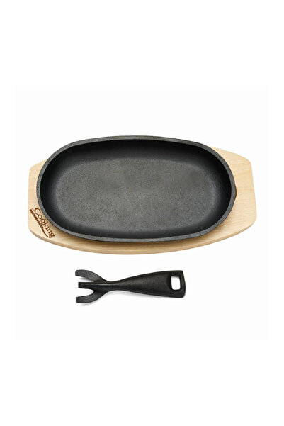 Heinner Oval serving platter 24x14 cm, pure cast iron, detachable handle, wooden base (Cooking by Heinner)