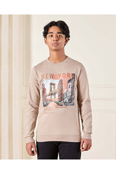 REDTAG Boys Beige Printed Long Sleeve Sweatshirt