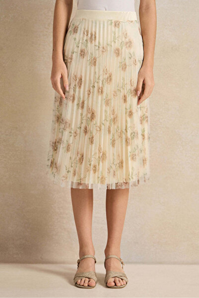 REDTAG Senior Girls Cream Floral Mesh Pleated Skirt