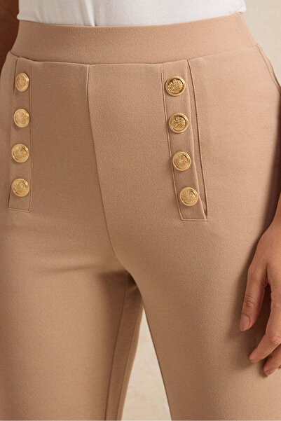 REDTAG Women Beige Metal Buttoned Straight Leg Trouser