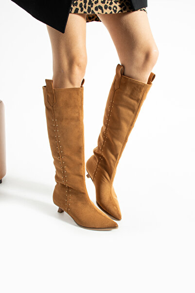 Gökçe Shoes Zain Taba Süet Trok Detay Kadın Alçak Topuklu Çizme