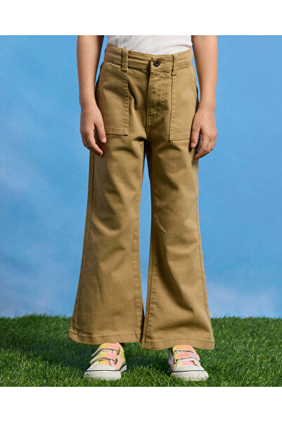 REDTAG بنطلون كاجوال واسع الساق من قماش التويل بأربعة جيوب للبنات باللون البيج