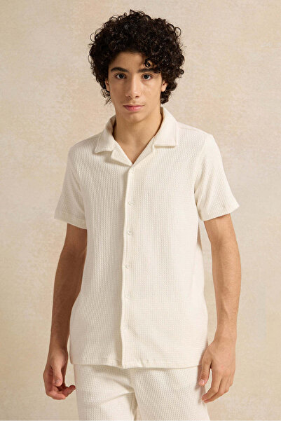 REDTAG Senior Boys White Collared Jacquard Casual Set (2 Piece)