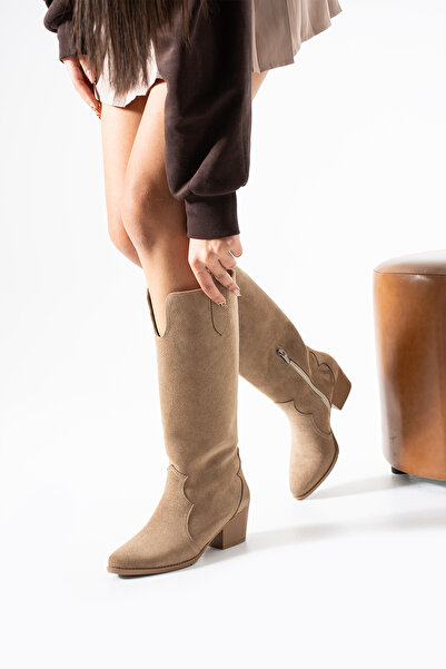 Gökçe Shoes Glory Koyu Bej Süet Western Yarım Fermuar Kadın Topuklu Çizme