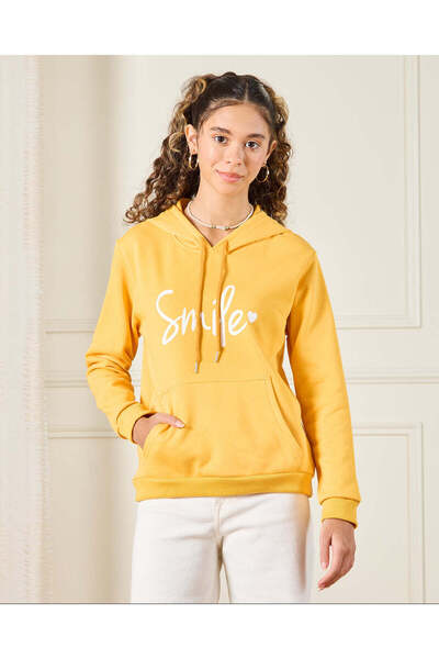 REDTAG Senior Girls Yellow Smile Print Sweatshirt