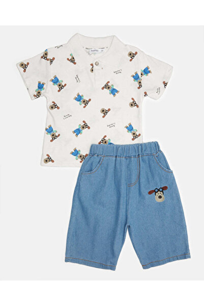 REDTAG Boys White And Blue Printed Casual Set (2 Piece)