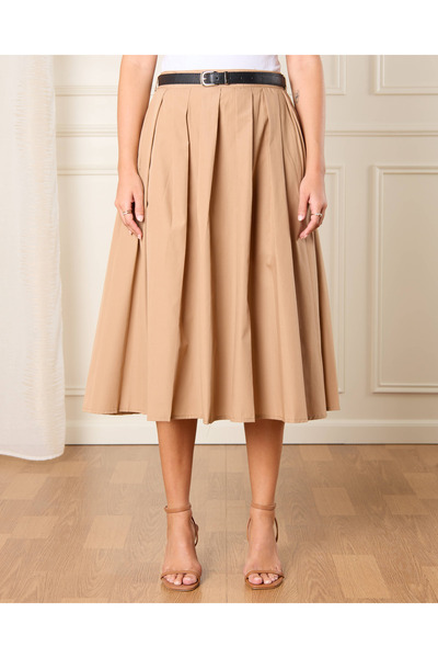 REDTAG تنورة نسائية بنية اللون ذات طيات على شكل حرف A مع حزام