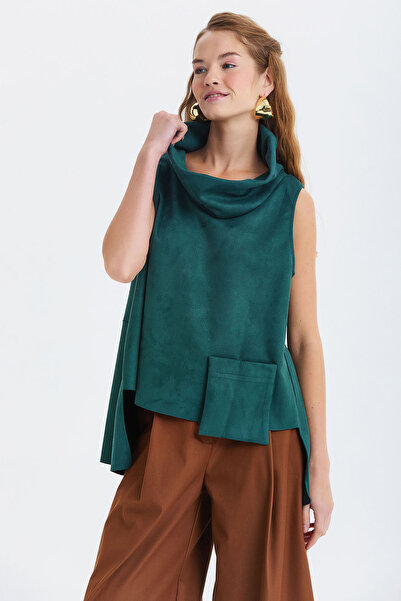 Clandestino Asymmetrical Collar Detailed Suede Blouse Green