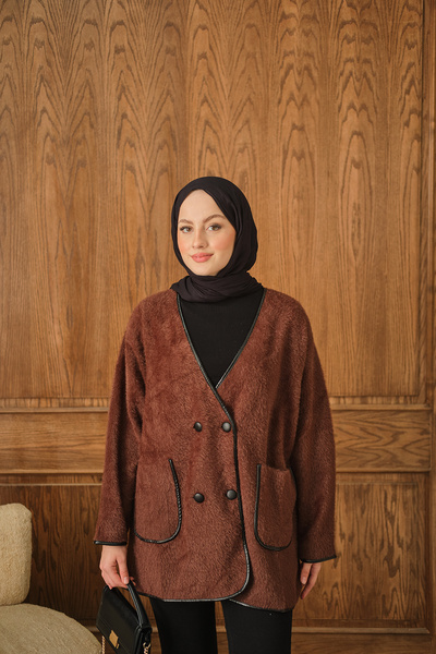 LOCCO Kadın Deri Detay Peluş Hırka Kahverengi