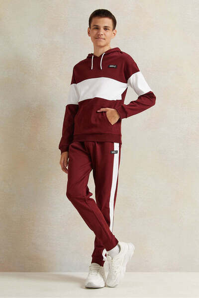 REDTAG Senior Boys Burgundy And White Hooded Sweatshirt